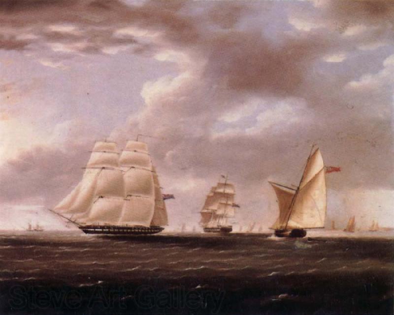 Thomas Buttersworth Two British frigates and a yawl passing off a coast